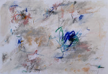 Abstract painting on a pale layered ground with blue, green, grey and muted pink marks and a concentrated blue-green passage.