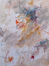 Detail of the abstract painting with expressive brushstrokes and scribbled lines in beige, gray, white, gold, blue, red, and orange tones.