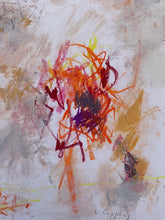 Detail of the abstract painting featuring a central cluster of expressive, energetic brushstrokes in vibrant orange, red, yellow, and purple, set against a textured off-white background with soft gray and tan washes.