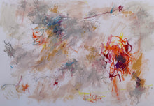 Abstract mixed-media painting with a pale pink-grey ground and energetic orange, red, pink and yellow marks concentrated toward the right.
