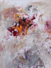 Detail of the abstract painting featuring a central burst of vibrant orange, deep red, and black paint over a textured background of white, gray, and soft pink brushstrokes.