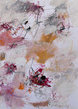 Detail of the abstract painting featuring textured impasto brushstrokes in off-white, gray, dusty pink, ochre gold, and deep magenta-red, with a signature at the bottom right.