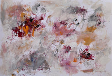 Abstract mixed-media painting with layered grey, cream and pink areas and clusters of burgundy, orange and black gestural marks.