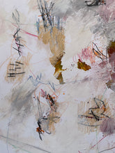 Detail of the abstract mixed-media painting with layered brushstrokes and scribbled lines in beige, gray, blush pink, brown, black, blue, and rust orange on a white ground.