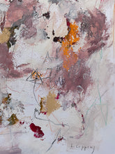 Detail of the abstract mixed-media painting featuring textured impasto brushstrokes in dusty rose, mauve, beige, orange, and deep red on a white canvas background, signed 'L. Coppens' in the lower right corner.