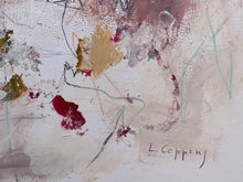 Detail of the abstract mixed-media painting featuring textured impasto brushstrokes in beige, white, dusty rose, and gold, with splashes of deep red and light green, signed 'L. Coppens' in the lower right.