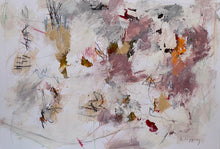 Abstract painting on paper with soft cream and grey layers, dusty pink and ochre passages, bright orange accents and scattered black gestural lines.