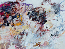 Detail of the abstract painting on paper  with layered, textured impasto brushstrokes and scribbled lines in white, beige, brown, red, black, blue, yellow, and pink.
