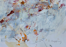 Detail of the abstract painting on paper featuring textured impasto brushstrokes in off-white, light blue, beige, and rust-red tones, with a handwritten signature reading 'L. Coppens' in the lower right.