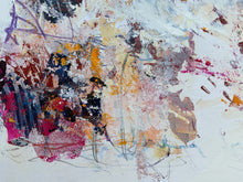 Detail of the abstract painting on paper with textured impasto brushstrokes in white, pink, red, yellow, blue, and black.