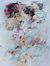 Abstract painting on paper with layered burgundy, ochre and grey forms floating within a spacious pale background.