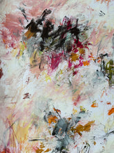 Detail of the abstract painting with expressive, textured brushstrokes in pink, black, white, yellow, orange, and gray.