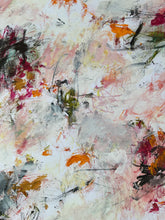 Detail of the abstract painting with layered brushstrokes and splatters in white, pink, orange, red, gray, black, and green.
