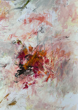 Detail of the abstract painting featuring a central cluster of orange, red, and black brushstrokes layered over a textured background of pink, gray, and white tones and signature