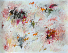 Abstract painting with sweeping black marks at upper left, orange and magenta at lower right, and a smaller grey and ochre passage at lower left.