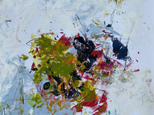 Detail of the original abstract painting featuring a central cluster of expressive brushstrokes and splatters in green, red, black, yellow, and white.