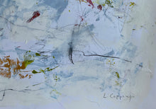 Detail of the original abstract painting featuring textured white and light blue brushstrokes with splatters of red, green, and brown, accented by fine black lines and a handwritten signature in the lower right.