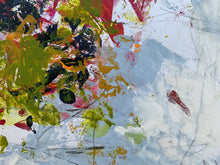 Detail of the original abstract painting  with textured splatters and drips in green, yellow, red, black, and light blue on the white paper.