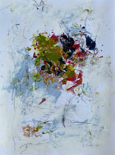 Original abstract painting featuring vibrant green, red and black brushstrokes on a soft layered white background.