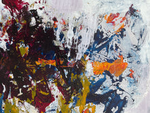 Detail of the abstract painting on paper  with thick, textured brushstrokes in navy blue, deep red, yellow, orange, black, and white.