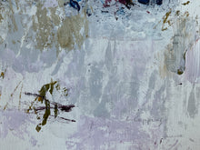 Detail of the abstract painting on paper   featuring a mix of lavender, gray, white, and beige brushstrokes with splatters of green, dark blue and signature.