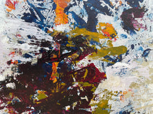 Detail of the abstract painting on paper  with thick, textured brushstrokes in dark brown, deep red, mustard yellow, blue, white, and orange.