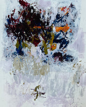 Abstract painting on paper with dark blue and burgundy forms contrasted against light layered textures and open space.