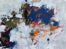 Detail of the abstract painting on paper with thick impasto brushstrokes in white, navy blue, orange, green, black, and gray.