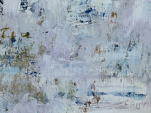 Detail of the abstract painting on paper featuring a blend of light blue, gray, and white tones with subtle orange and brown brushstrokes and signature.