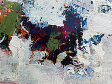 Detail of the abstract painting on paper  with thick impasto brushstrokes in white, black, blue, green, red, and purple.