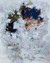 Abstract painting on paper with deep blue, green and white layered forms above a spacious light background.