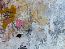 Detail of the contemporary abstract painting with layered brushstrokes in off-white, gray, beige, yellow, pink, and black.