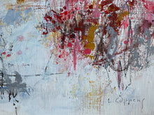 Detail of the contemporary abstract painting with layered brushstrokes and splatters in pale blue, gray, pink, red, yellow, black, and signature.
