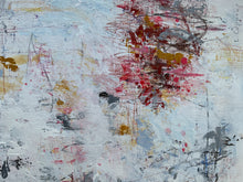 Detail of the contemporary abstract painting with textured impasto brushstrokes and splatters in white, light blue, gray, red, pink, yellow, and black.