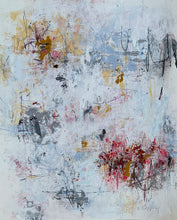 Contemporary abstract painting on paper with delicate grey lines, muted colours and a soft atmospheric composition.