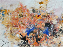 Detail of the original abstract painting on paper featuring a complex mix of orange, blue, black, white, and beige paint strokes and splatters.