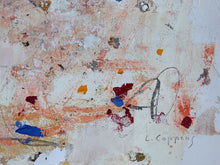Detail of the original abstract painting on paper featuring a cream and off-white base with orange, red, blue, and gray paint marks and signature.