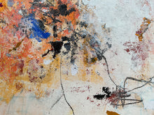 Detail of the original abstract painting on paper with textured impasto brushstrokes in orange, yellow, black, blue, and red on a light beige canvas background.