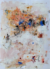 Original abstract painting on paper with warm peach, ochre and blue layered forms on a light textured background.