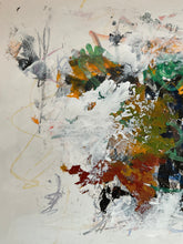 Detail of the abstract painting featuring textured impasto brushstrokes in white, green, orange, brown, black, and gray on a light off-white background.