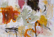 Abstract gestural painting with a dense orange area on the left, dark vertical marks near the top, a yellow field on the right, and sweeping green brushstrokes across a pale ground.