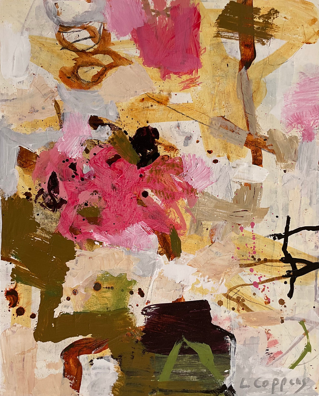 Abstract painting titled 'Bloom Echoes' with light greys and creams, dark brown lines, ochre shapes, and muted magenta and olive green petal-like forms.