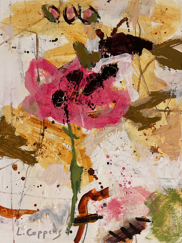 Abstract painting titled 'Blossom Mirage' with light greys, dark brown lines, transparent ochre shapes, and magenta and olive green abstract flower-like forms.