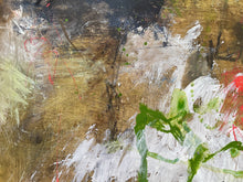 Detail of the painting showing a mix of brown, green, white, and red colors on a textured surface.