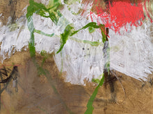 Detail of the painting showing green, red, and white strokes on a textured brown background