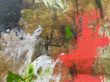 Detail of the painting showing red, green, and black strokes on a textured surface