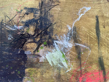 Detail of the painting showing black, white, and red brush strokes on a textured surface