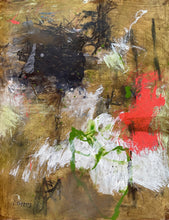 A contemporary abstract painting on a warm raw umber background featuring layered black gestural marks in the upper left, fractured white brushwork across the center, vivid red and green linear interruptions, scratched textures and partially buried forms. The composition balances density and openness, creating a sense of movement, tension and emergence beneath the surface.