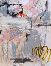 Abstract painting with black looping line, white horizontal scrape, small red marks, and gold circular element on a light background