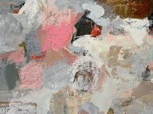 Detail of the abstract painting with layered brushstrokes in pink, gray, white, beige, brown, and black.